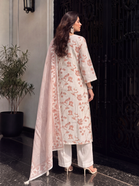 Women's Cream Linen Embellished Kurta with Trouser and Dupatta