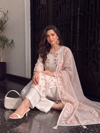 Women's Cream Linen Embellished Kurta with Trouser and Dupatta
