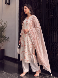Women's Cream Linen Embellished Kurta with Trouser and Dupatta