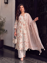 Women's Cream Linen Embellished Kurta with Trouser and Dupatta