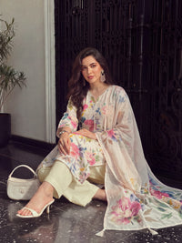 Women's Light Peach Linen Embellished Kurta with Trouser and Dupatta