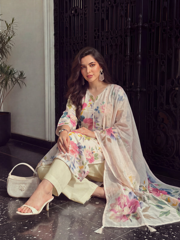 Women's Light Peach Linen Kurta with Trouser and Dupatta