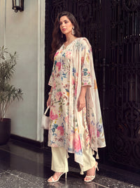 Women's Light Peach Linen Embellished Kurta with Trouser and Dupatta