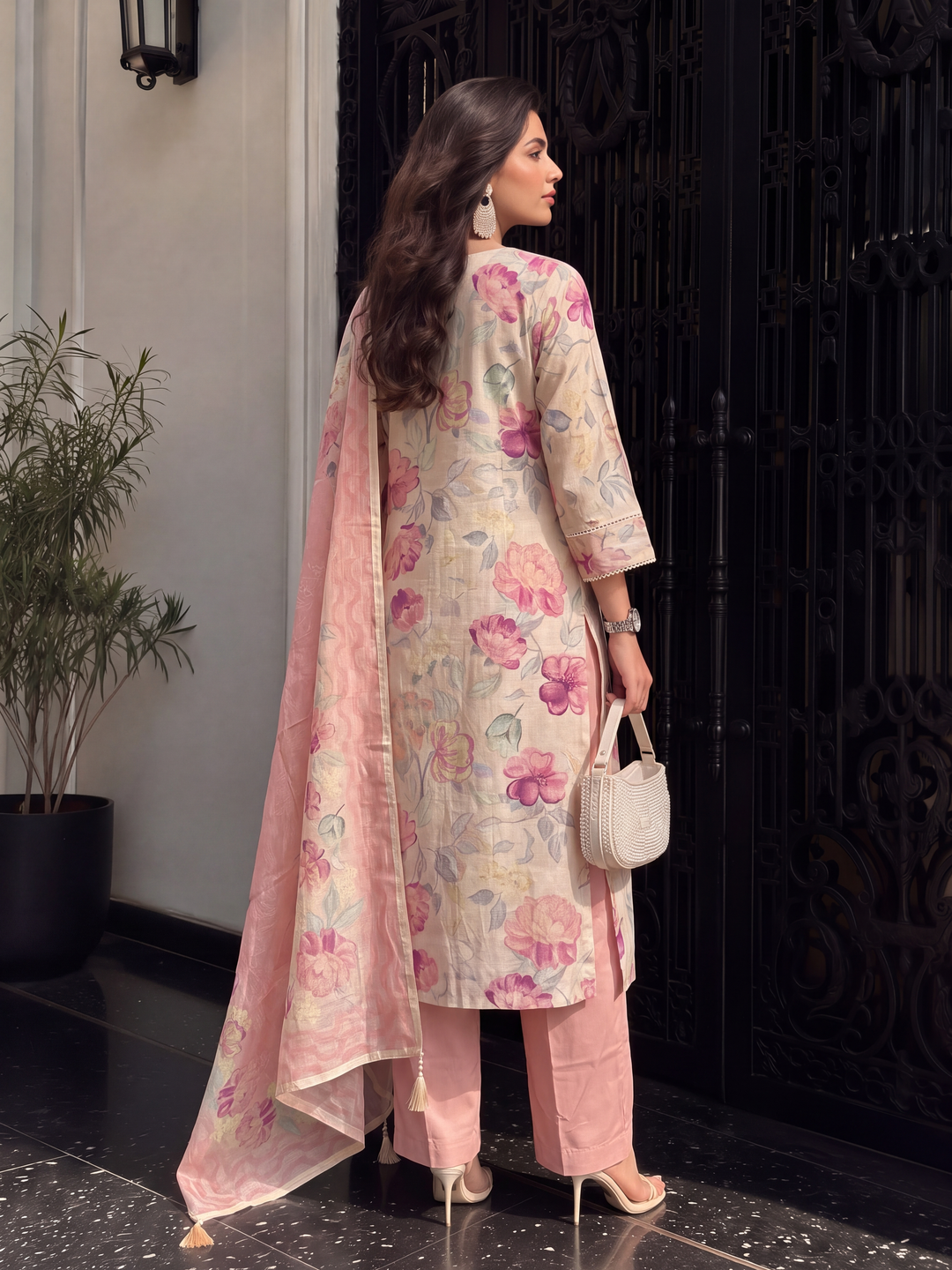 Women's Beige Pink Linen Kurta with Trouser and Dupatta