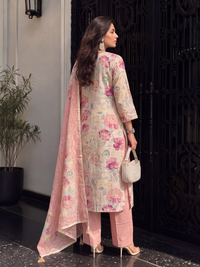 Women's Beige Pink Linen Embellished Kurta with Trouser and Dupatta