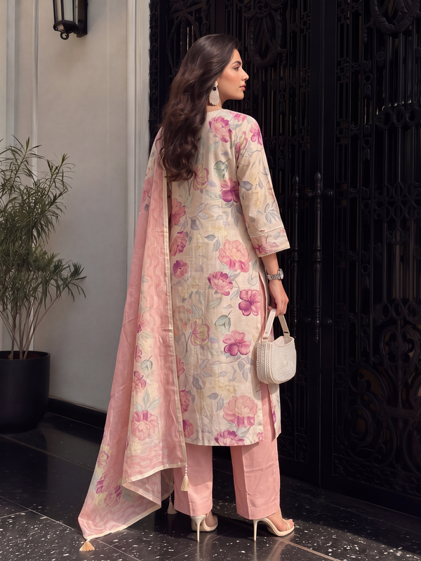 Women's Beige Pink Linen Kurta with Trouser and Dupatta
