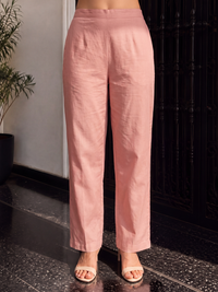 Women's Beige Pink Linen Embellished Kurta with Trouser and Dupatta