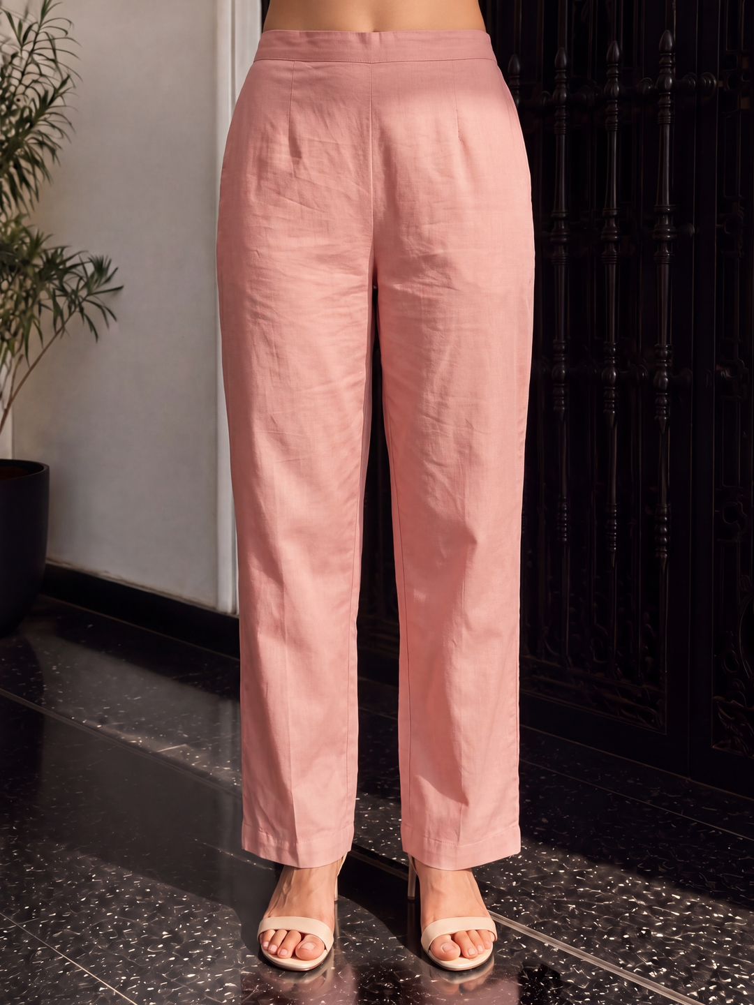 Women's Beige Pink Linen Kurta with Trouser and Dupatta