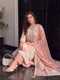 Women's Beige Pink Linen Embellished Kurta with Trouser and Dupatta