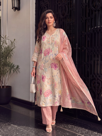 Women's Beige Pink Linen Embellished Kurta with Trouser and Dupatta