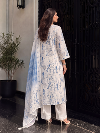 Women's Off white Linen Embellished Kurta with Trouser and Dupatta