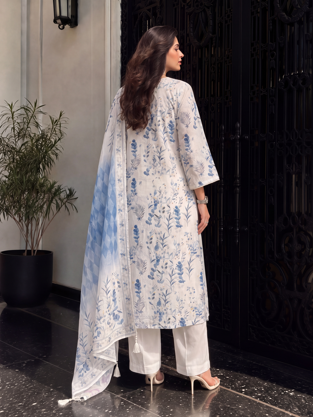 Women's Off White Linen Kurta with Trouser and Dupatta