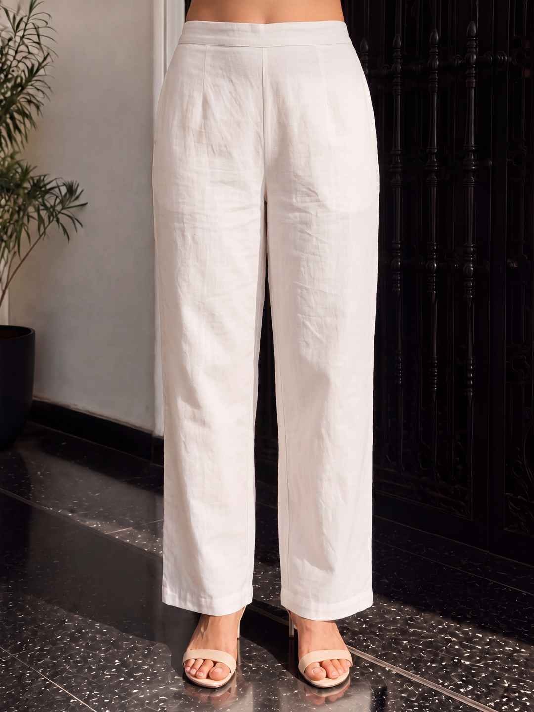 Women's Off White Linen Kurta with Trouser and Dupatta