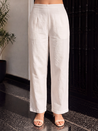 Women's Off white Linen Embellished Kurta with Trouser and Dupatta
