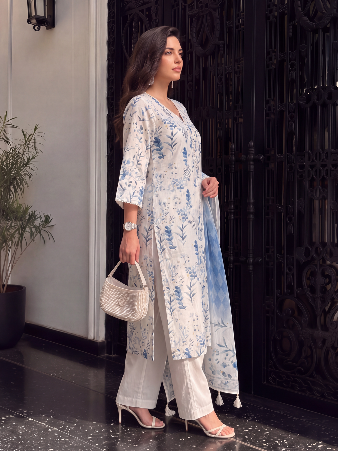 Women's Off White Linen Kurta with Trouser and Dupatta