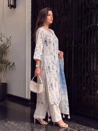 Women's Off white Linen Embellished Kurta with Trouser and Dupatta