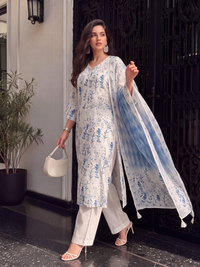 Women's Off white Linen Embellished Kurta with Trouser and Dupatta