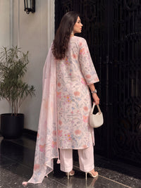 Women's Taupe Linen Embellished Kurta with Trouser and Dupatta