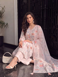 Women's Taupe Linen Embellished Kurta with Trouser and Dupatta