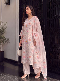 Women's Taupe Linen Embellished Kurta with Trouser and Dupatta