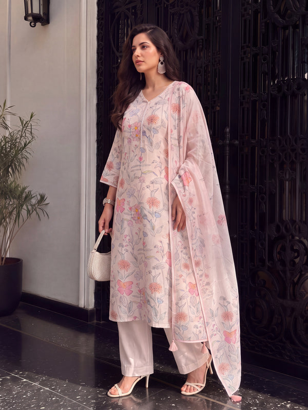 Women's Taupe Linen Kurta with Trouser and Dupatta