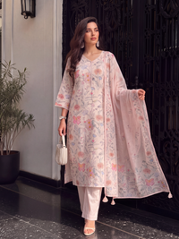 Women's Taupe Linen Embellished Kurta with Trouser and Dupatta