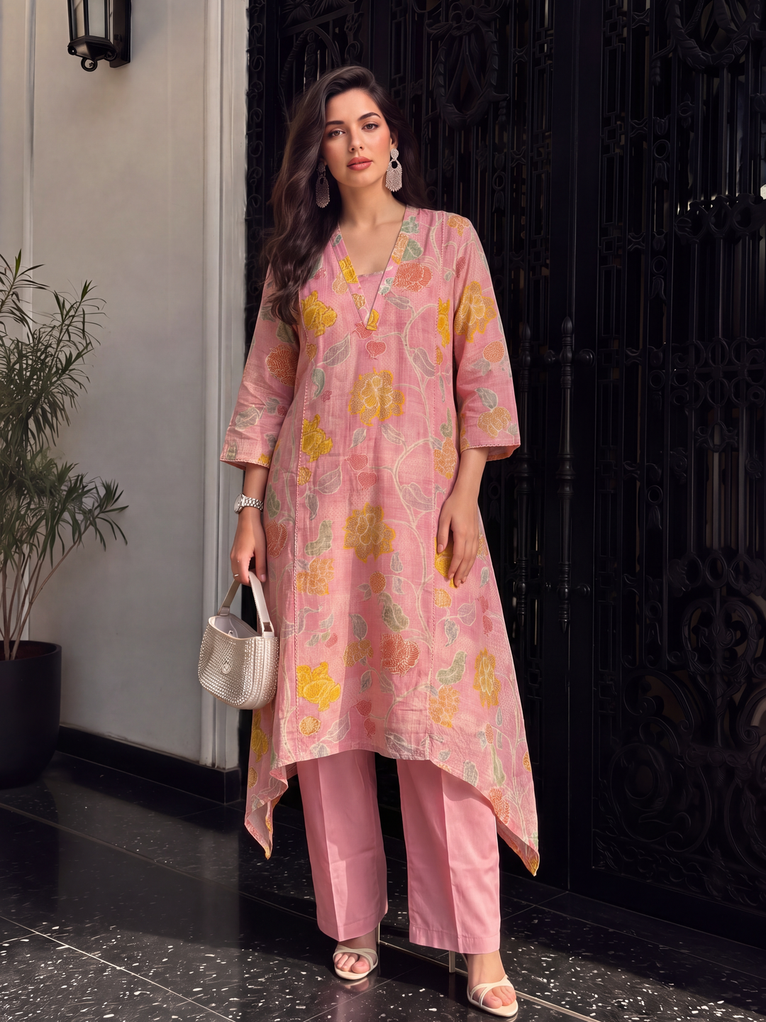 Women's Pink Linen Embellished Kurta with Trouser Set
