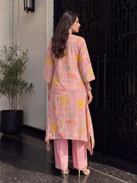 Women's Pink Linen Embellished Kurta with Trouser Set