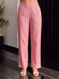 Women's Pink Linen Embellished Kurta with Trouser Set