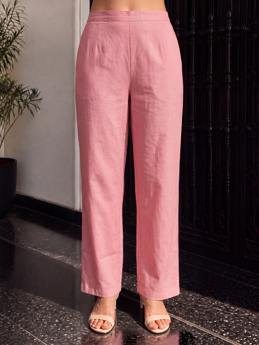 Women's Pink Linen Kurta with Trouser Set