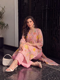 Women's Pink Linen Embellished Kurta with Trouser Set