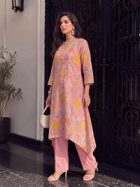 Women's Pink Linen Embellished Kurta with Trouser Set