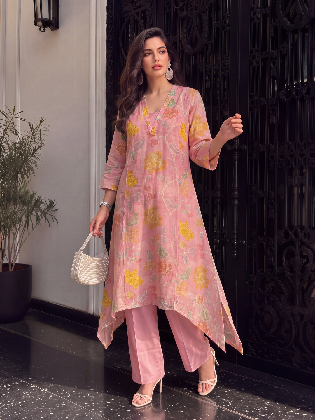 Women's Pink Linen Kurta with Trouser Set