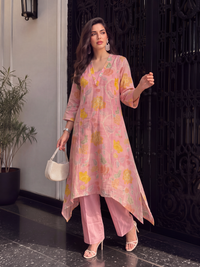 Women's Pink Linen Embellished Kurta with Trouser Set