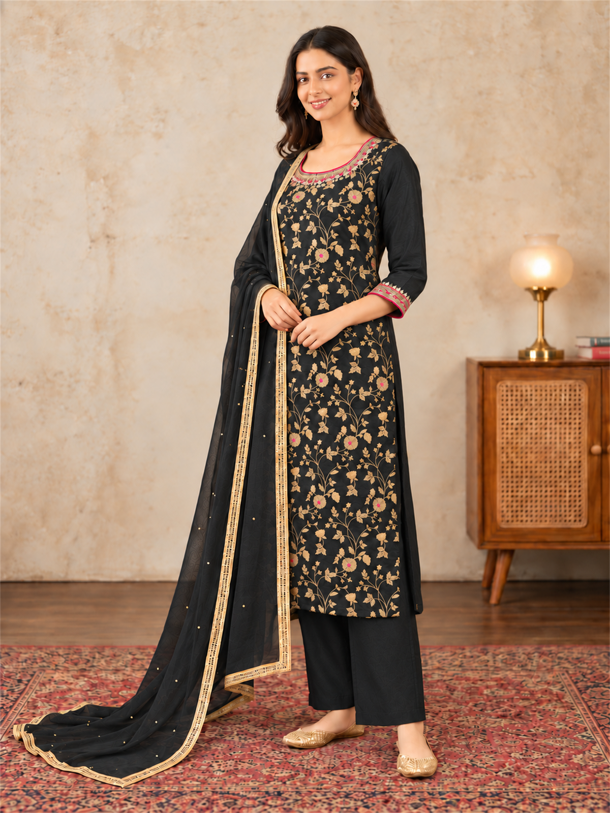 Black & Gold Floral Silk Blend Suit Set with Dupatta
