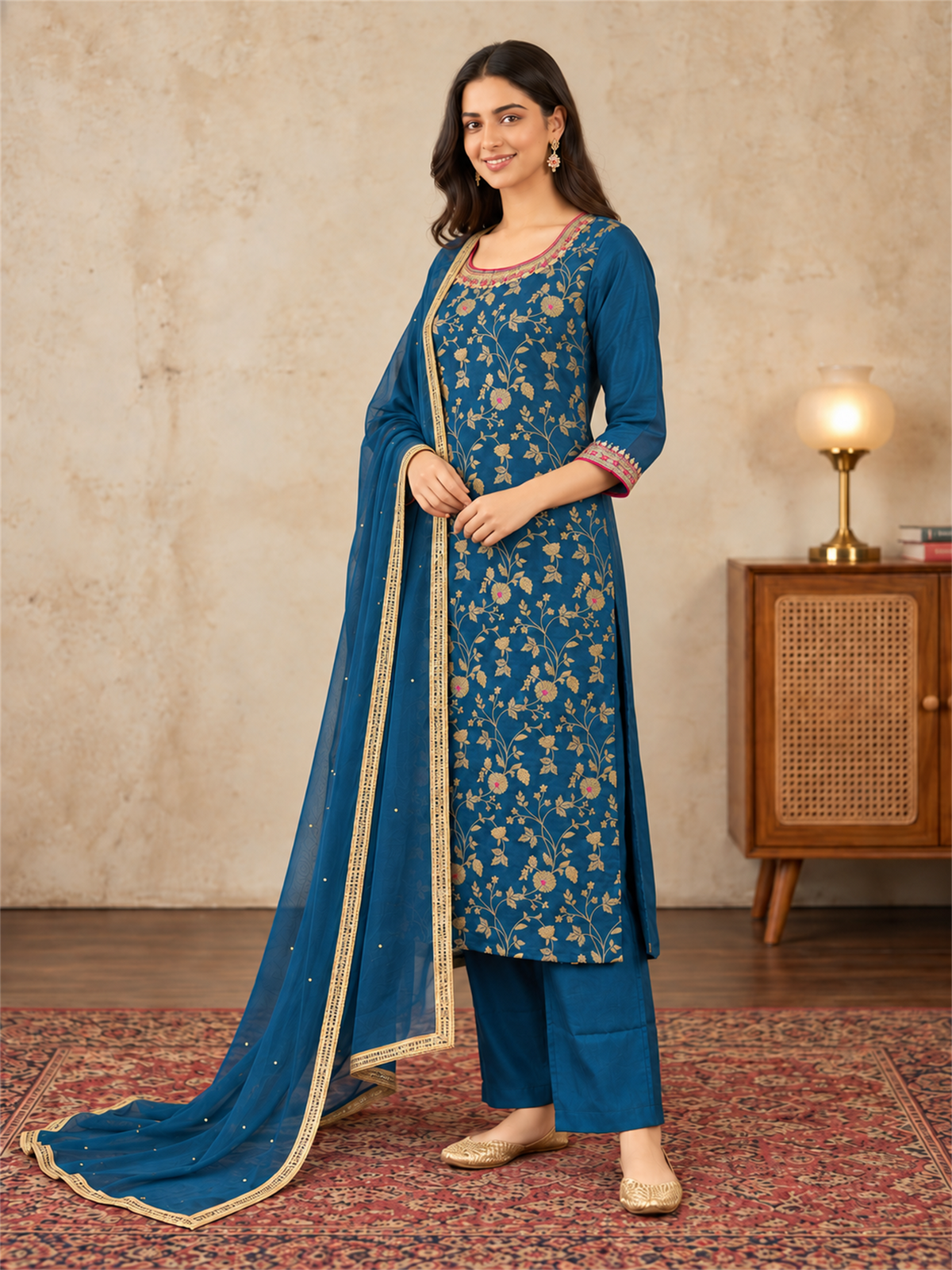 Teal Blue Floral Embroidered Silk Blend Kurta Set with Dupatta