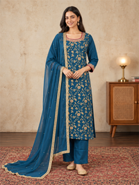 Teal Blue Floral Embroidered Silk Blend Kurta Set with Dupatta