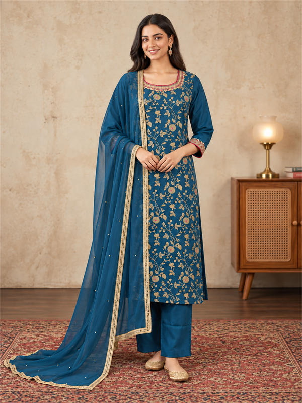 Teal Blue Floral Embroidered Silk Blend Kurta Set with Dupatta