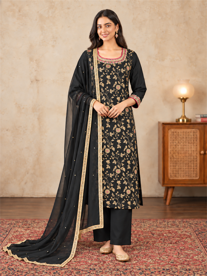 Black & Gold Floral Silk Blend Suit Set with Dupatta