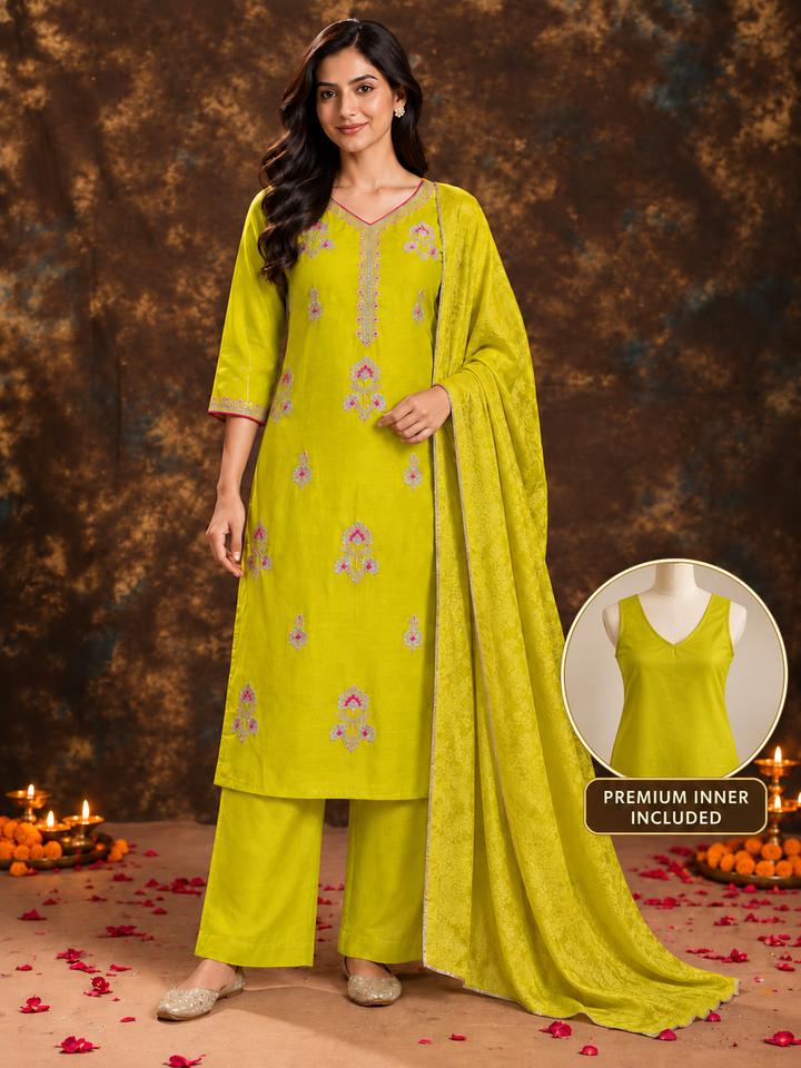 Lime Yellow Silk Blend Floral Embroidered Kurta Trouser Set with Dupatta & Inner