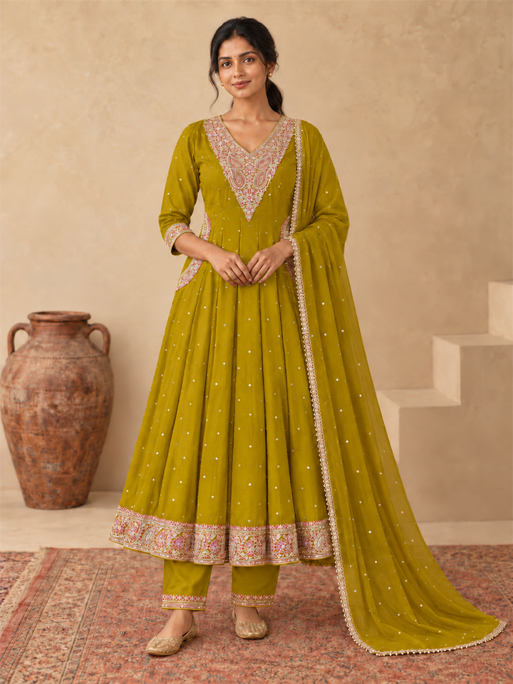 Mustard Olive Chanderi Silk Golden Embroidered Anarkali Kurta Pant Set with Dupatta