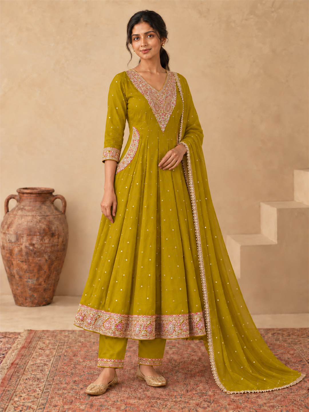 Mustard Olive Chanderi Silk Golden Embroidered Anarkali Kurta Pant Set with Dupatta