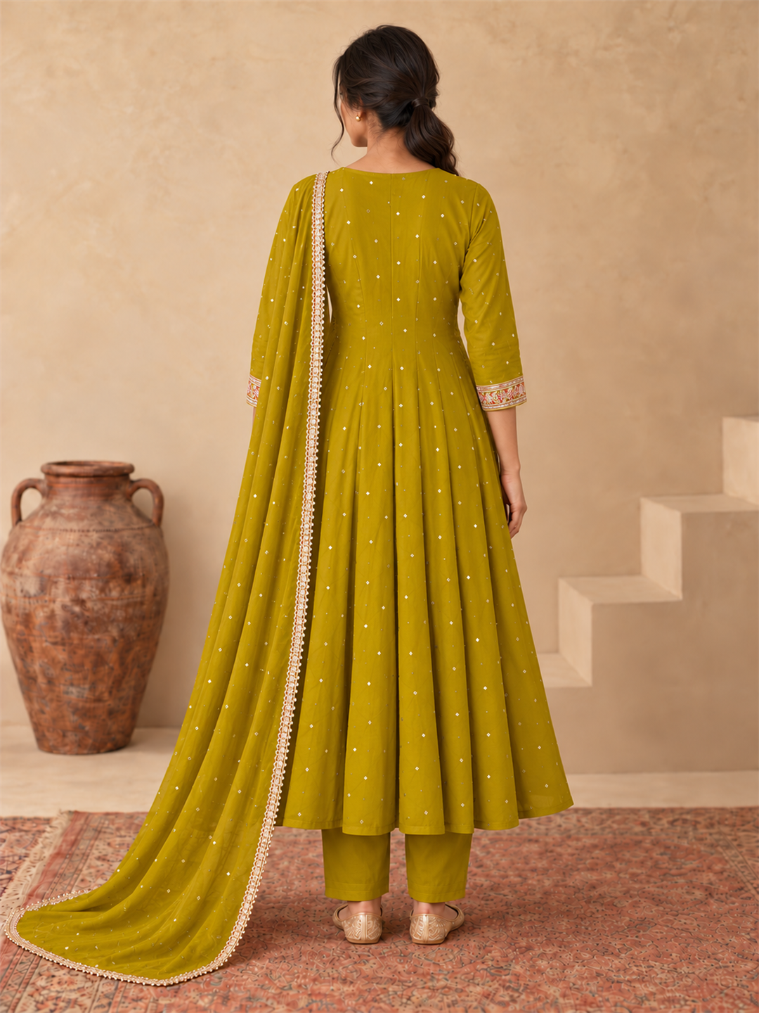 Mustard Olive Chanderi Silk Golden Embroidered Anarkali Kurta Pant Set with Dupatta