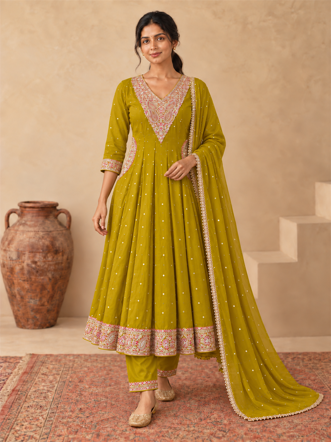 Mustard Olive Chanderi Silk Golden Embroidered Anarkali Kurta Pant Set with Dupatta
