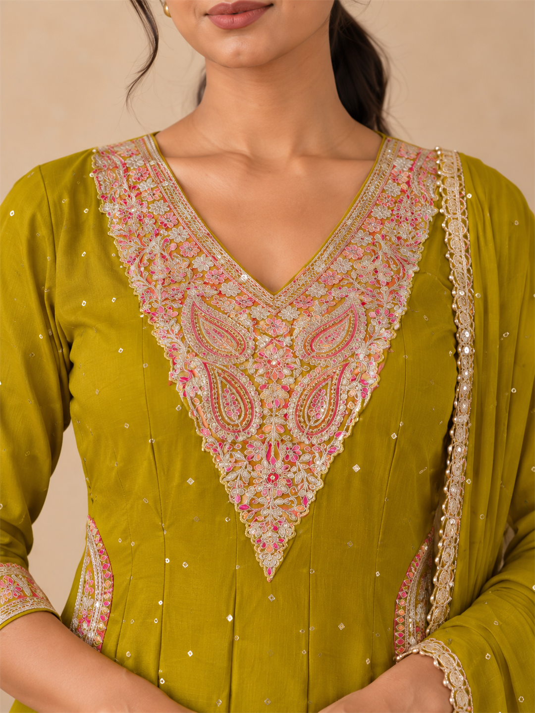Mustard Olive Chanderi Silk Golden Embroidered Anarkali Kurta Pant Set with Dupatta