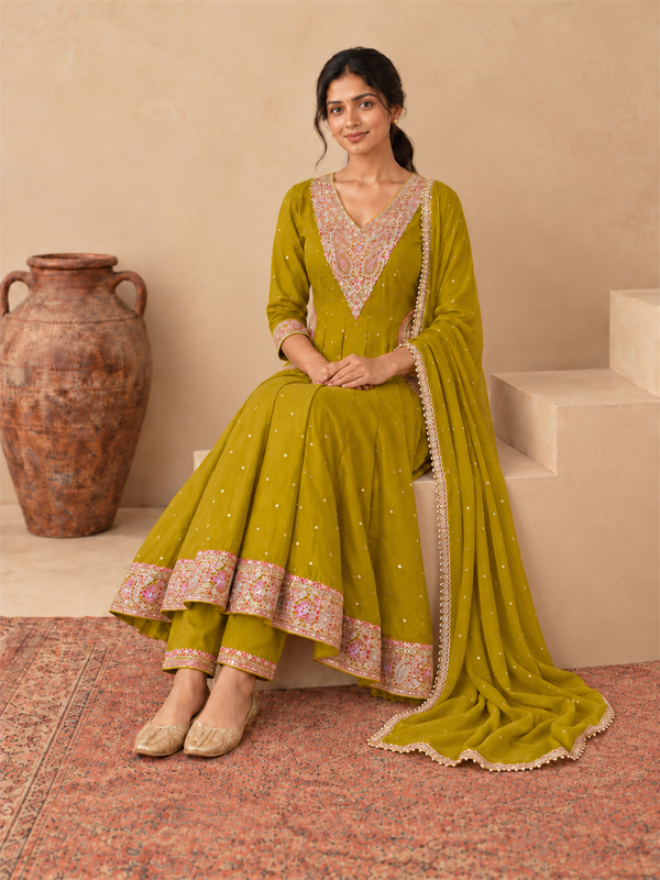 Mustard Olive Chanderi Silk Golden Embroidered Anarkali Kurta Pant Set with Dupatta