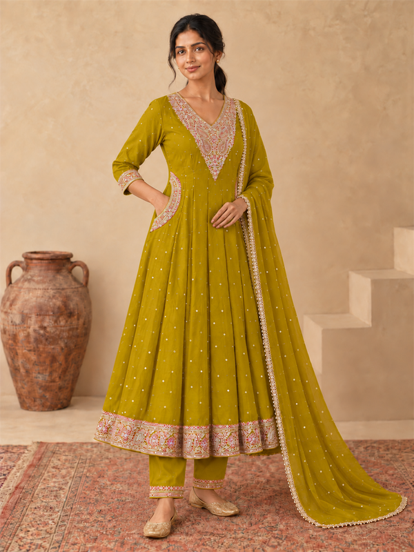 Mustard Olive Chanderi Silk Golden Embroidered Anarkali Kurta Pant Set with Dupatta