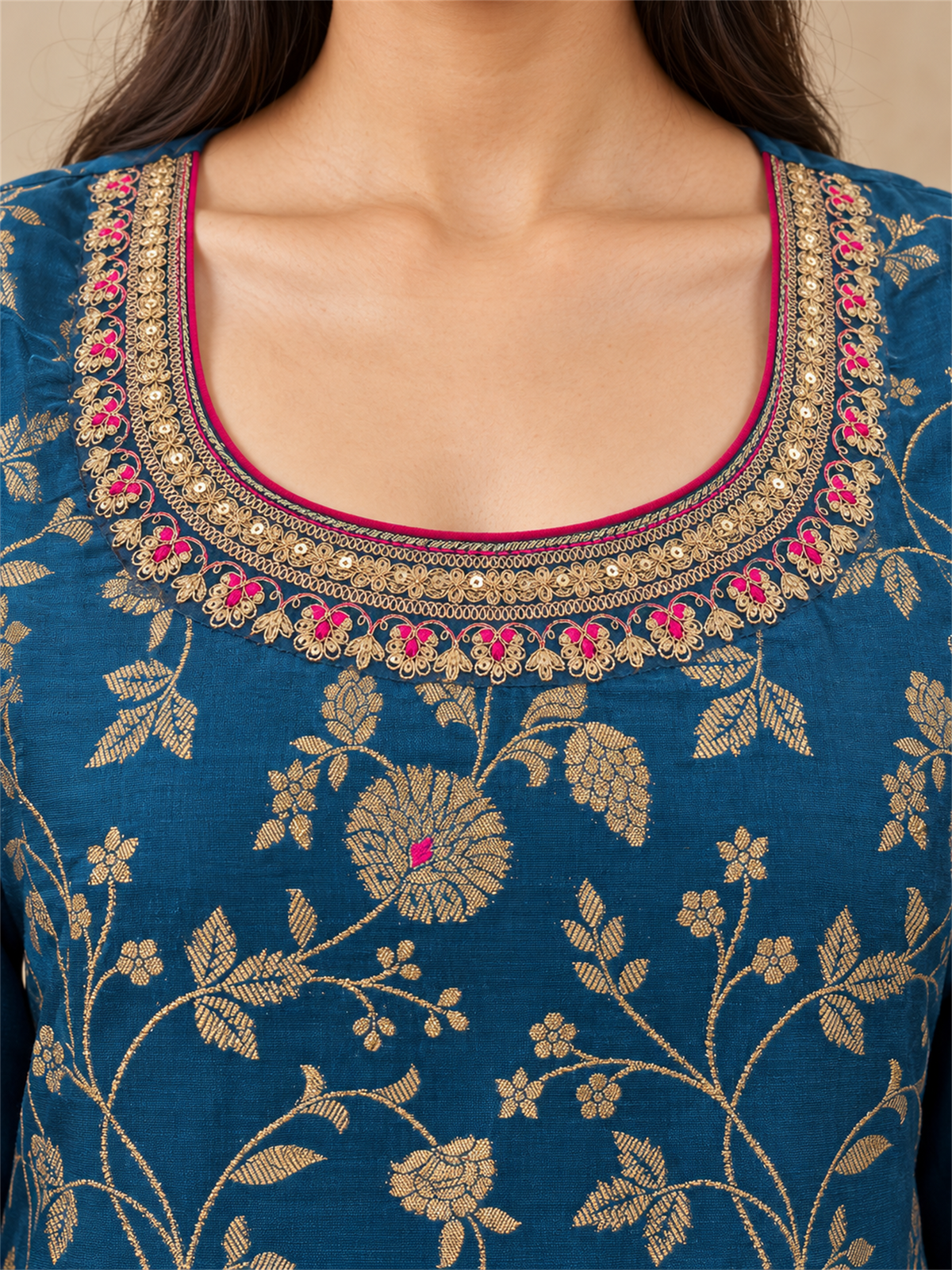 Teal Blue Floral Embroidered Silk Blend Kurta Set with Dupatta