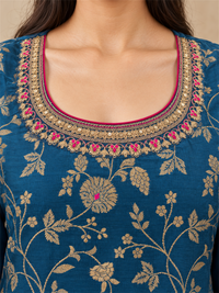 Teal Blue Floral Embroidered Silk Blend Kurta Set with Dupatta