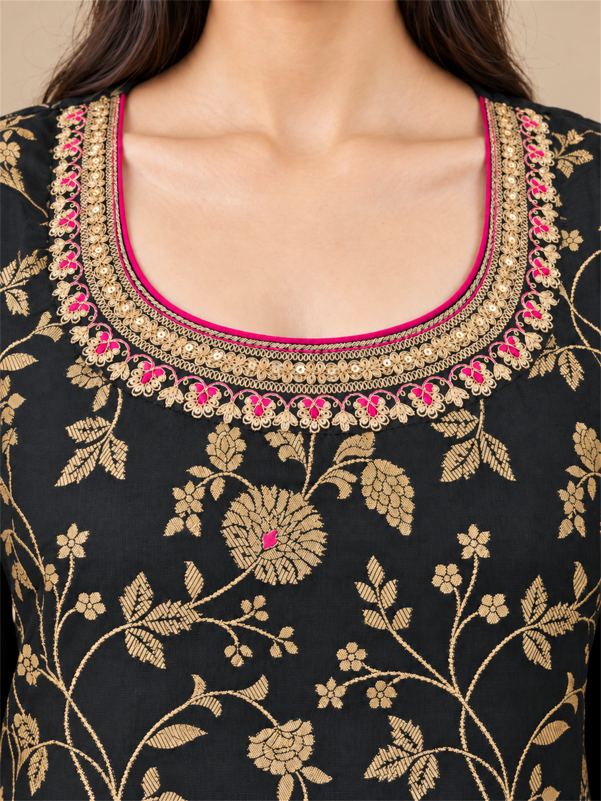 Black & Gold Floral Silk Blend Suit Set with Dupatta